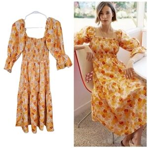 Charlie Holiday Anthropologie Holiday 70s Floral Linen Midi Dress Puff Sleeve